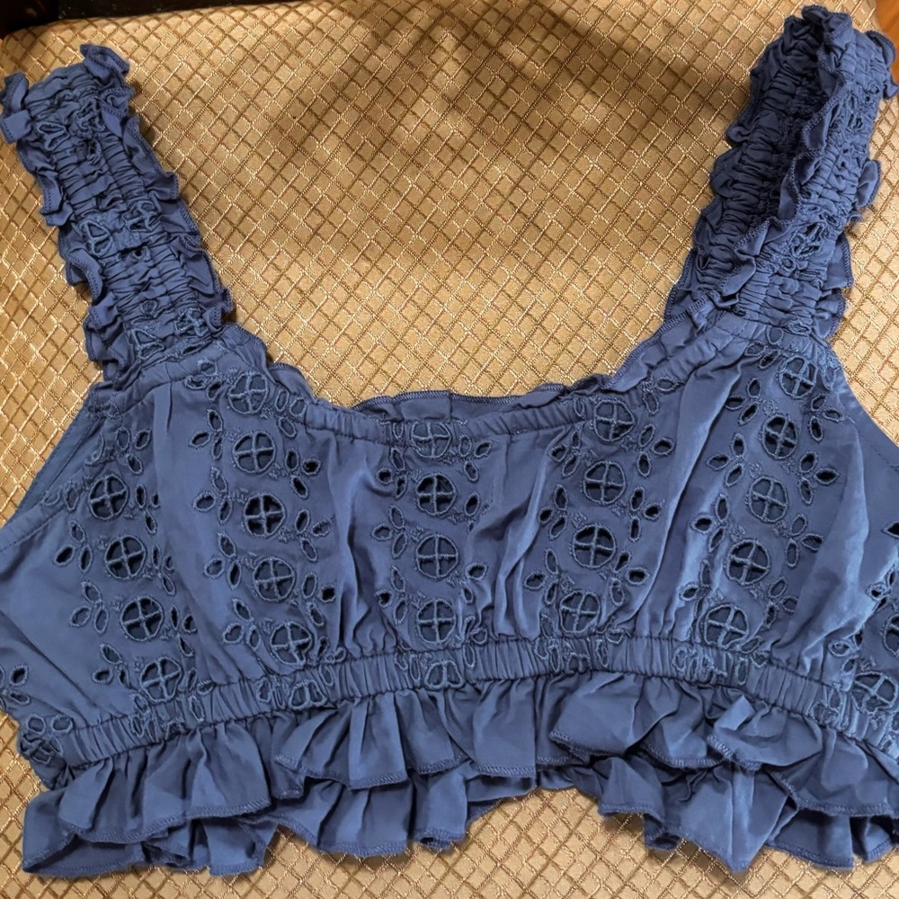 American Eagle Outfitters Navy Blue Eyelet Ruffle Crop Top